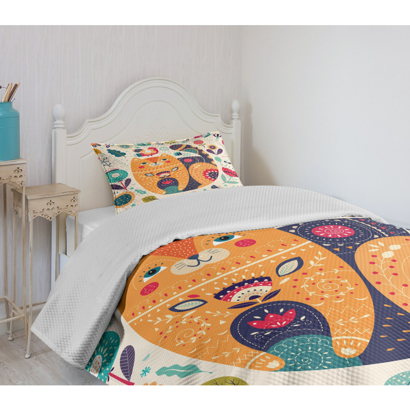 Cat and Flower Leaf Bedspread Set