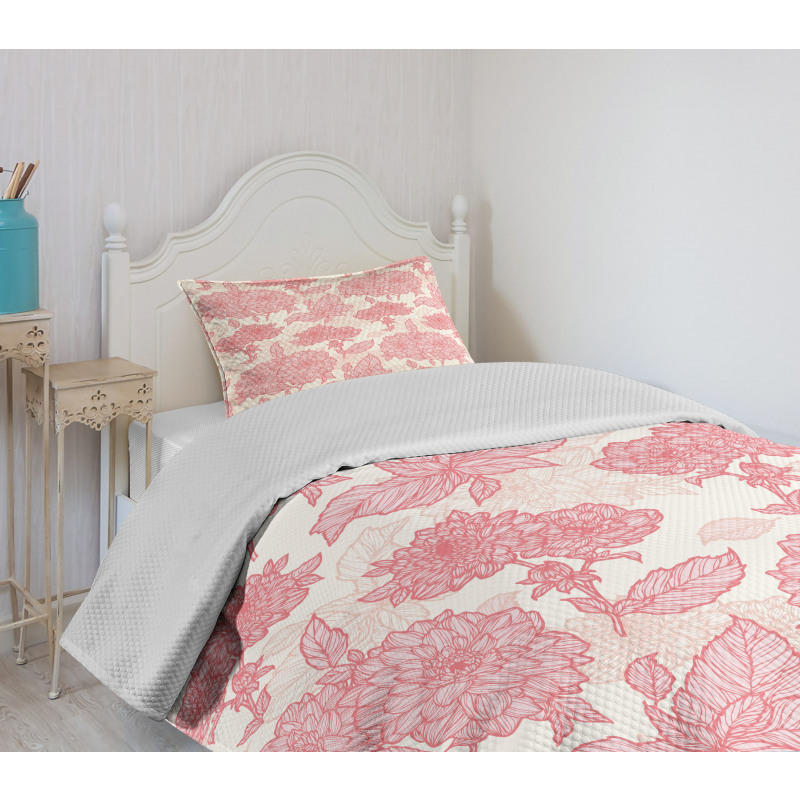 Pink Flowers and Leaves Bedspread Set