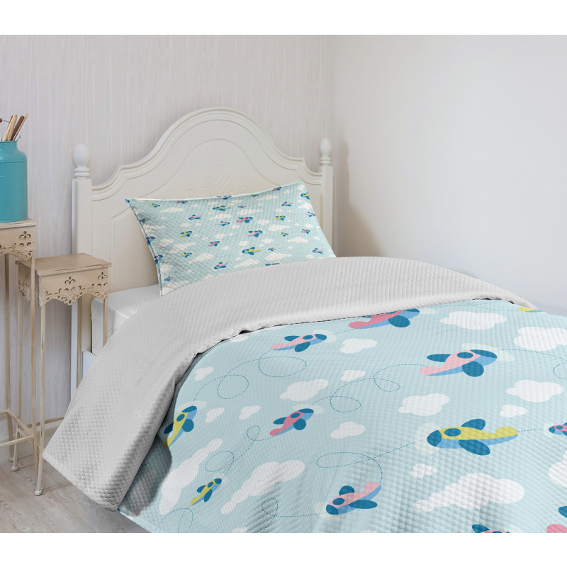 Cartoon Sky Planes Clouds Bedspread Set