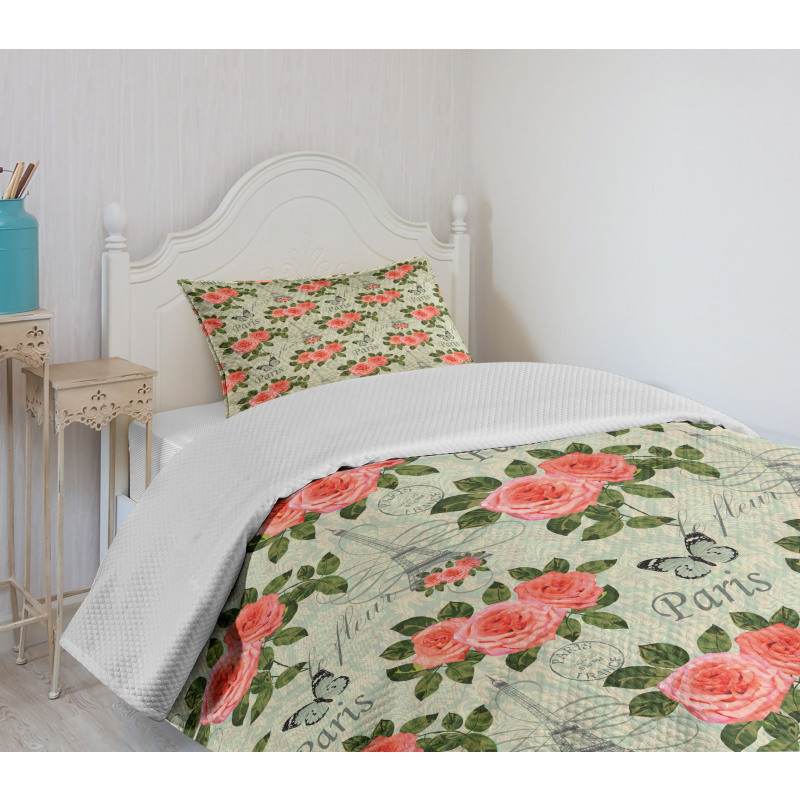 Paris Themed Flowers Bedspread Set