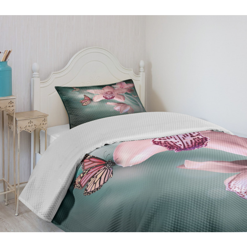 Orchid Flower Butterfly Bedspread Set