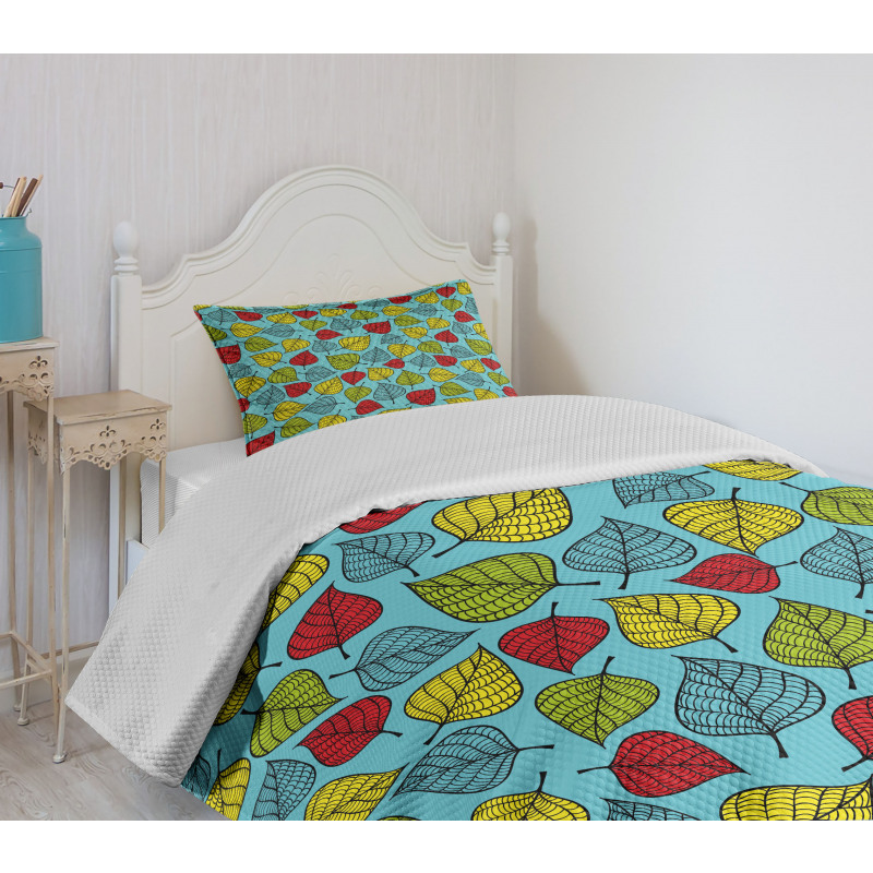 Falling Leaves on Blue Bedspread Set