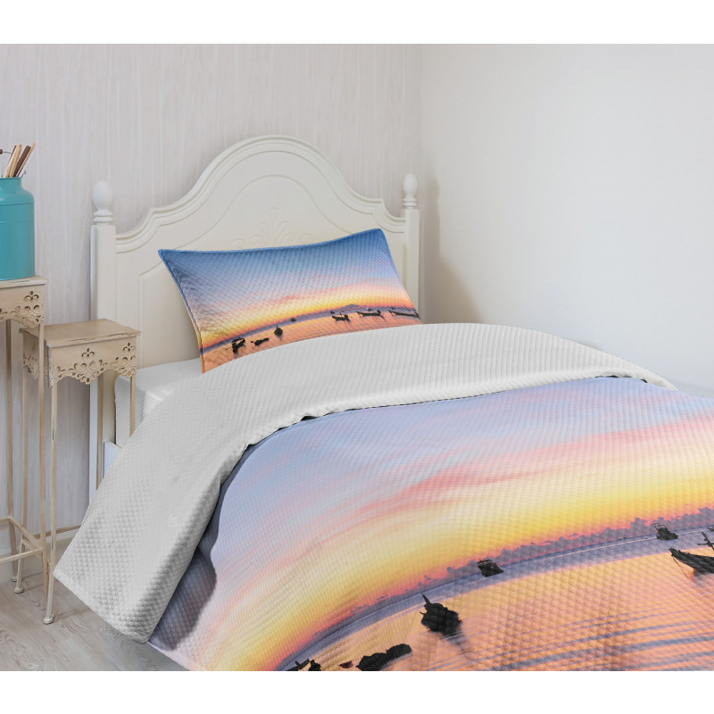 Sunset on Sea Ships Bedspread Set