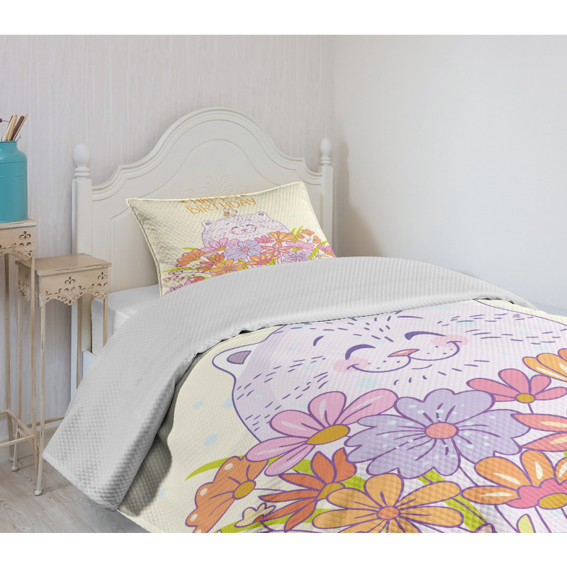 Happy Cat Bird Flowers Bedspread Set