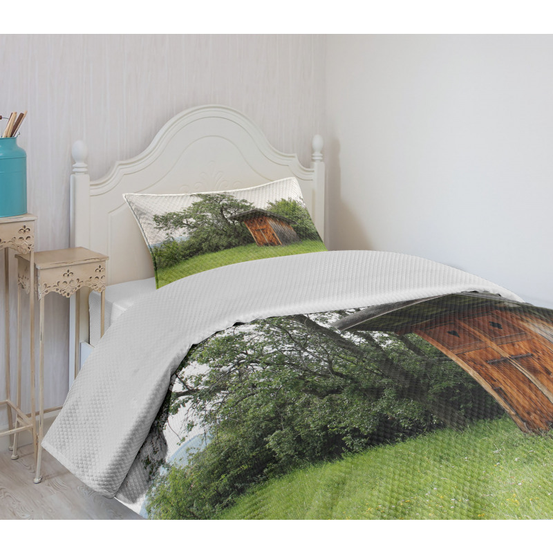 Wooden Hut in Forest Bedspread Set