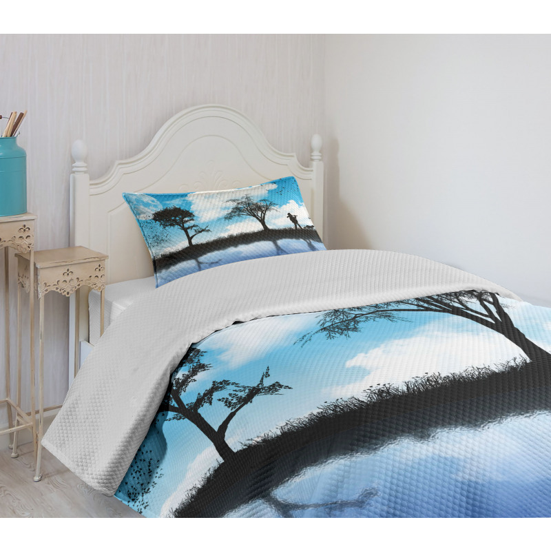 Man Dog Lake Tree Moon Bedspread Set