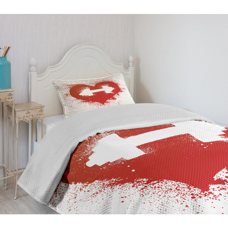 Red Heart Dumbbell Art Bedspread Set