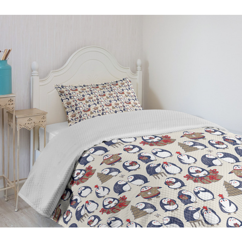 Grunge Penguins Boxes Bedspread Set