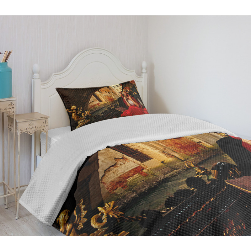 Woman in Red Cloak Mask Bedspread Set