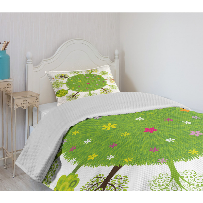 Various Green Trees Bloom Bedspread Set