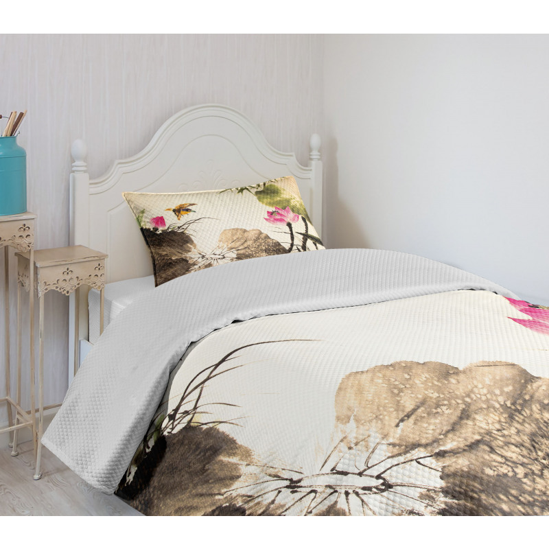 Bird Jumping into Lotus Bedspread Set