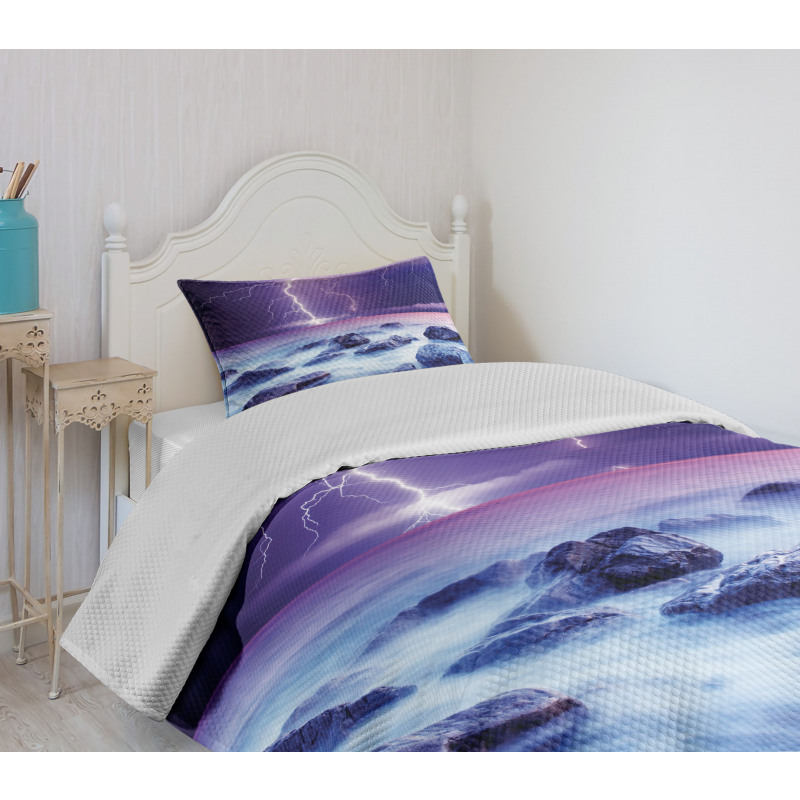 Stormy Sky Ocean Rocks Night Bedspread Set