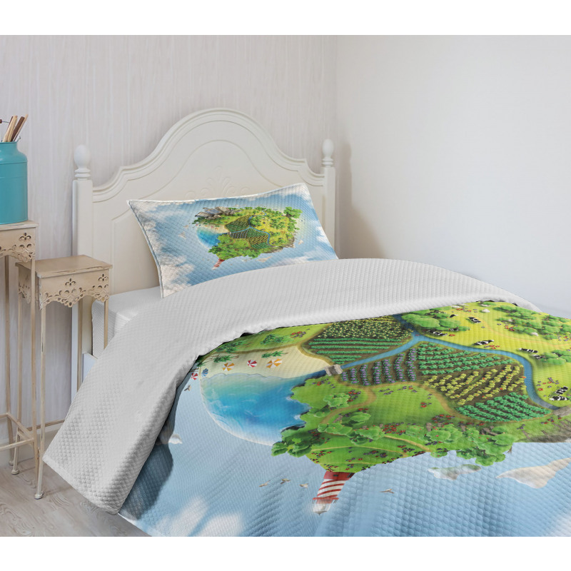 Cartoon Globe Greenery Bedspread Set