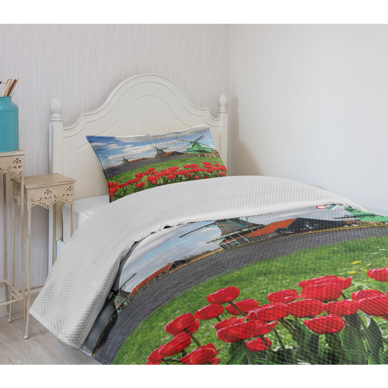 Red Color Tulips Field Bedspread Set