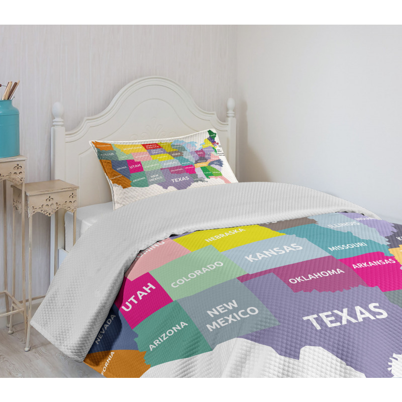 USA Map Colorful States Bedspread Set