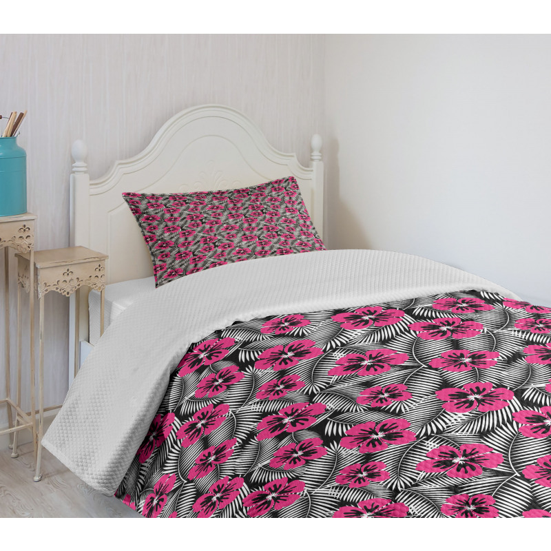 Pink Hibiscus Modern Leaf Bedspread Set