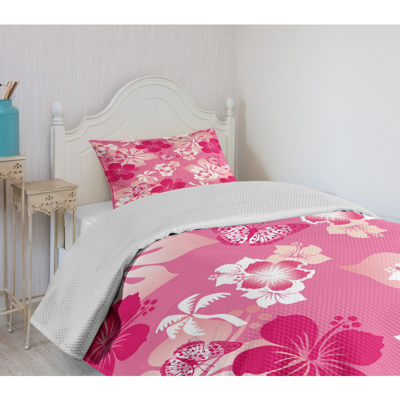 Pink Hibiscus Butterflies Bedspread Set