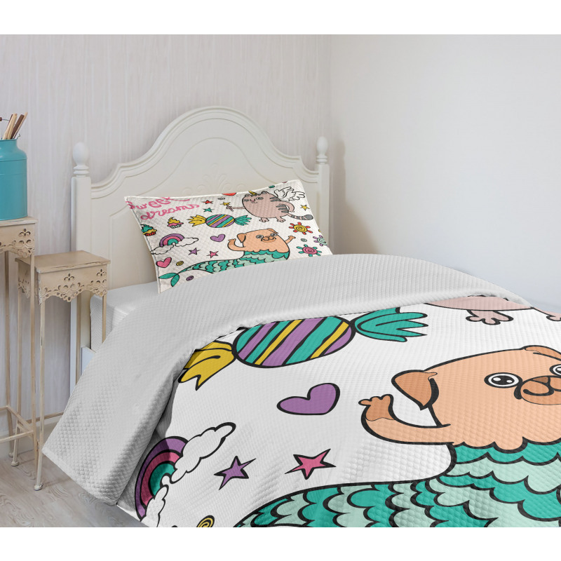 Pug Mermaid Wish Bedspread Set