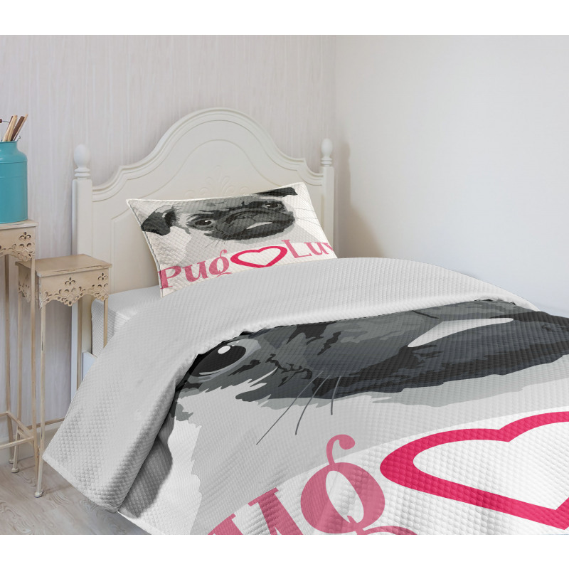 Pug Love Image Grey Bedspread Set