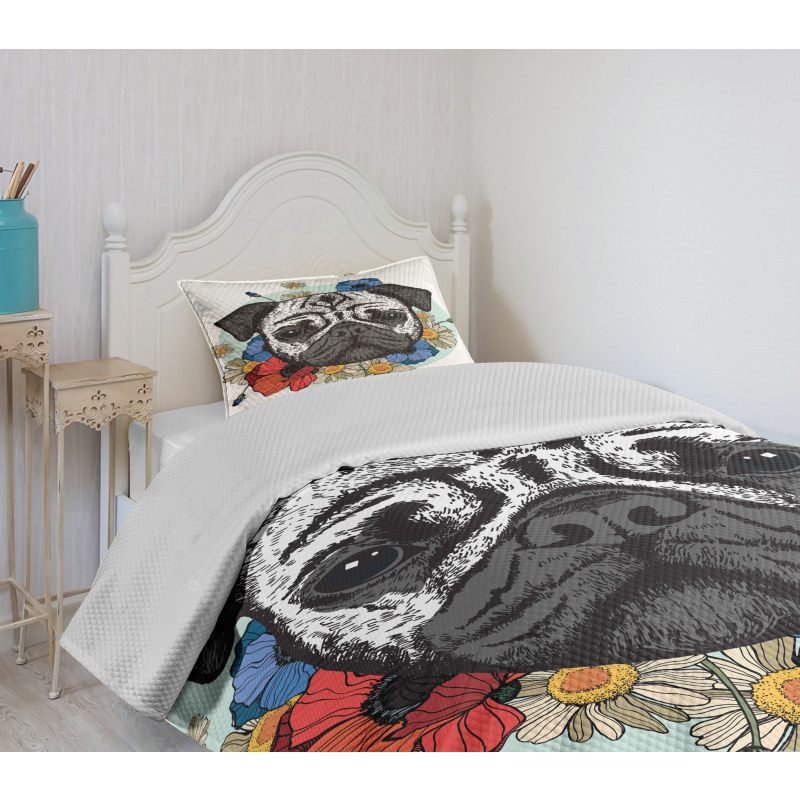 Black and White Head of Dog Bedspread Set