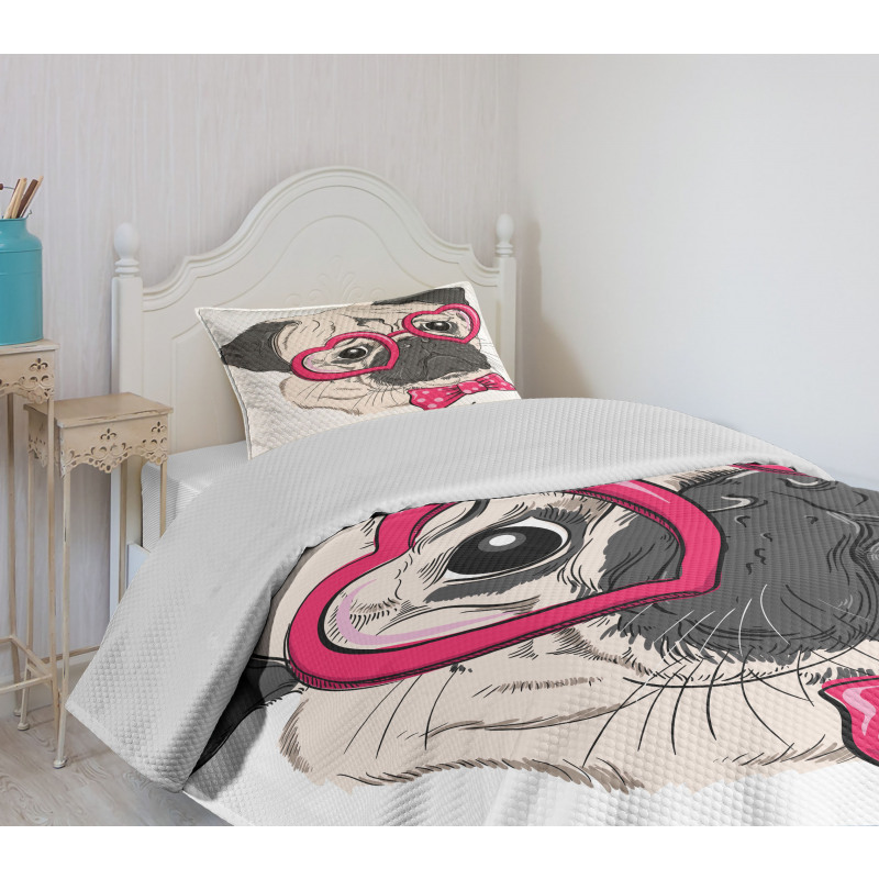 Dog with Heart Glasses Bow Bedspread Set