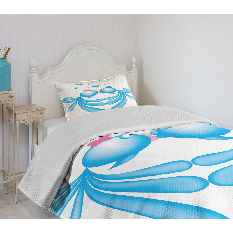 Blue Cartoon Fishes Heart Bedspread Set