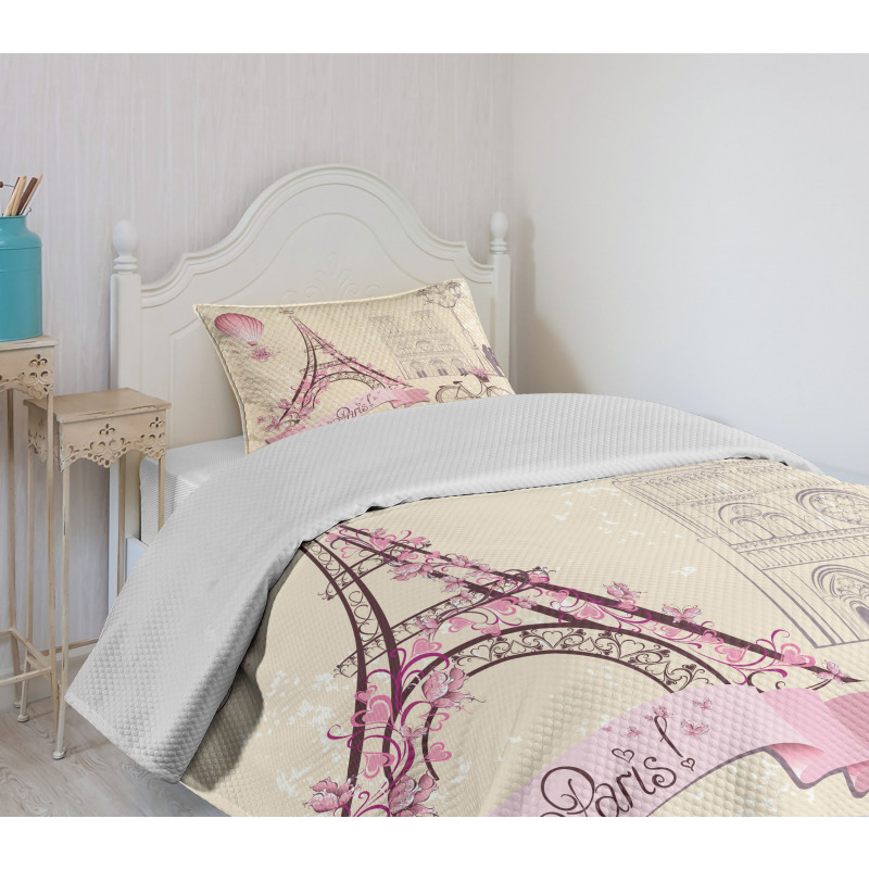 Floral Paris Eiffel Bedspread Set