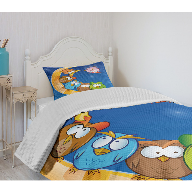 Cartoon Moon Owls Playing Bedspread Set