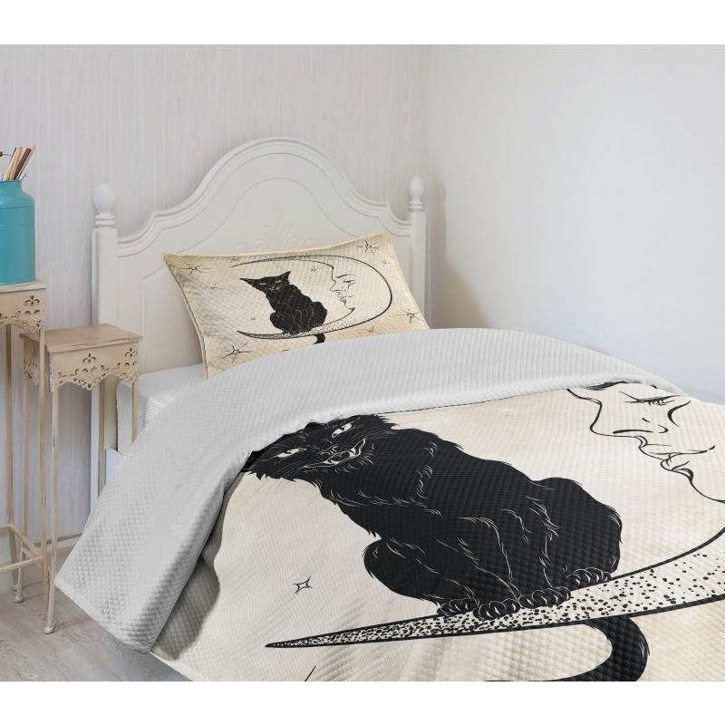 Black Cat Siting on Moon Bedspread Set