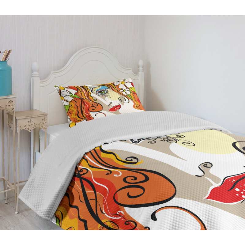 Woman Red Hair Floral Bedspread Set