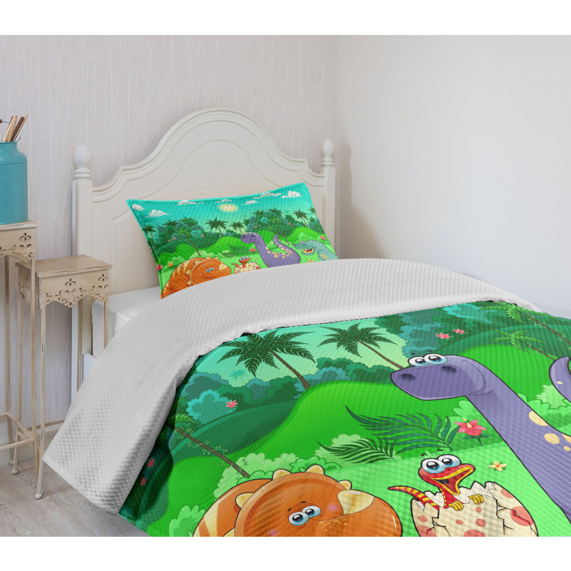 Funny Dinosaurs Cartoon Bedspread Set