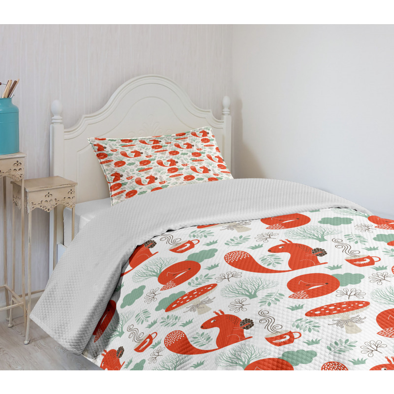 Squirrel Fox Fungus Tea Bedspread Set