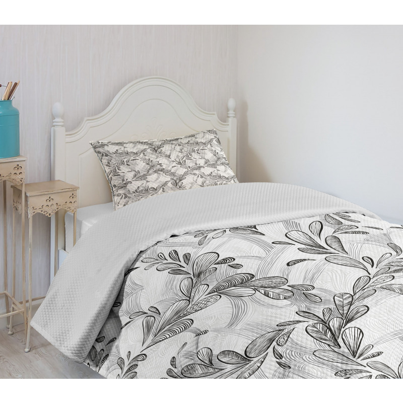 Monochrome Sketch Leaf Bedspread Set