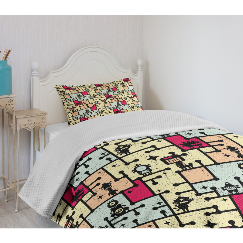 Robots on Grid Squares Bedspread Set