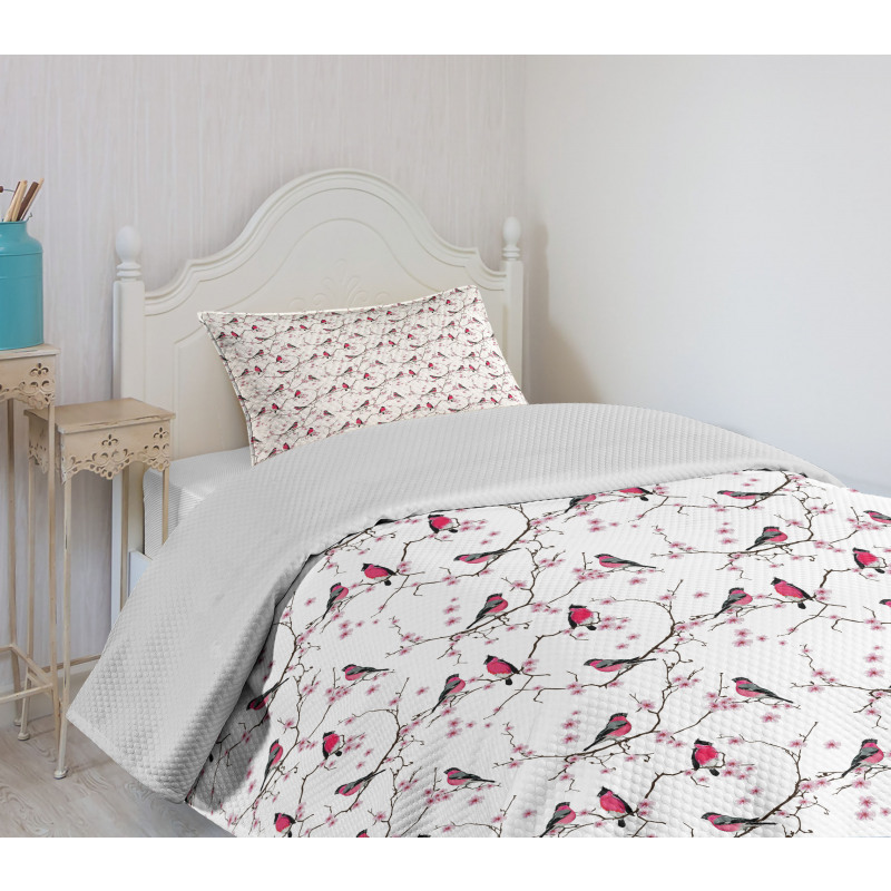 Bullfinch Birds Sakura Bedspread Set