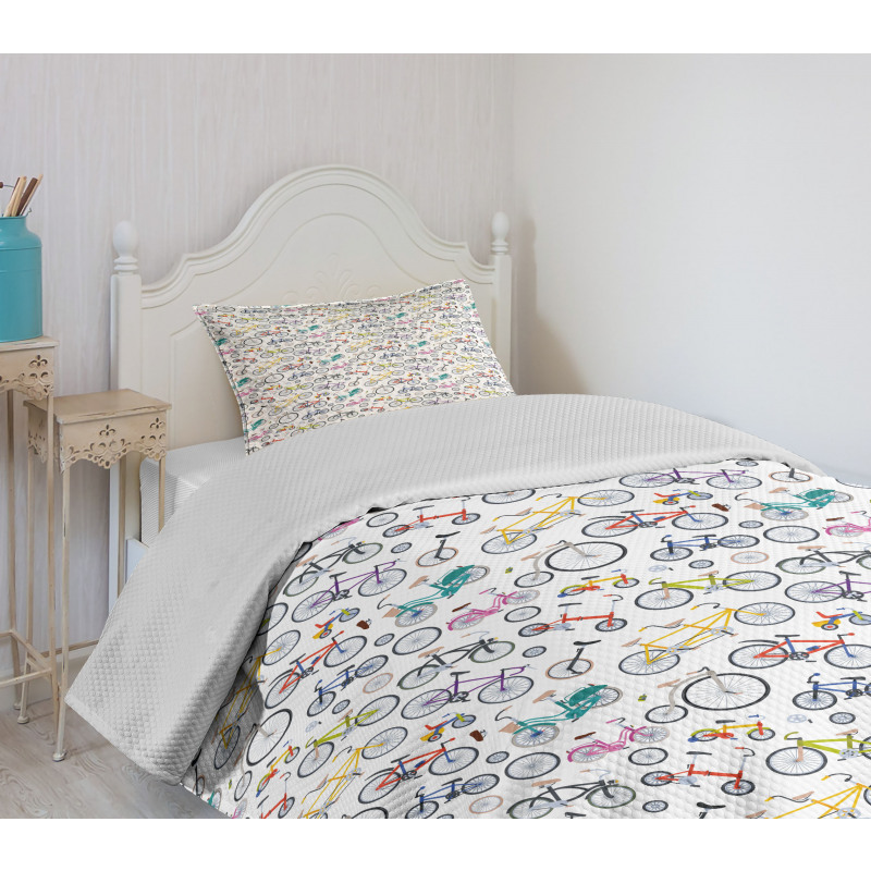 Retro Colorful Bikes Bedspread Set