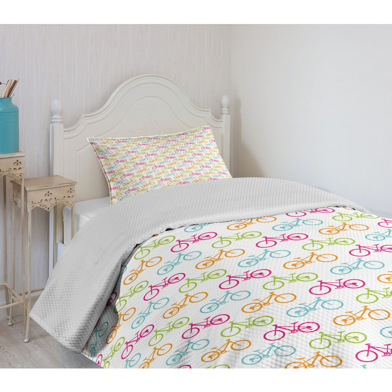 Different Colored Bikes Bedspread Set