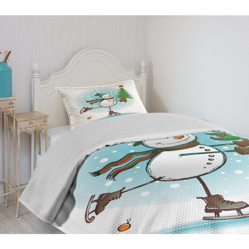 Skating Xmas Tree Snow Bedspread Set