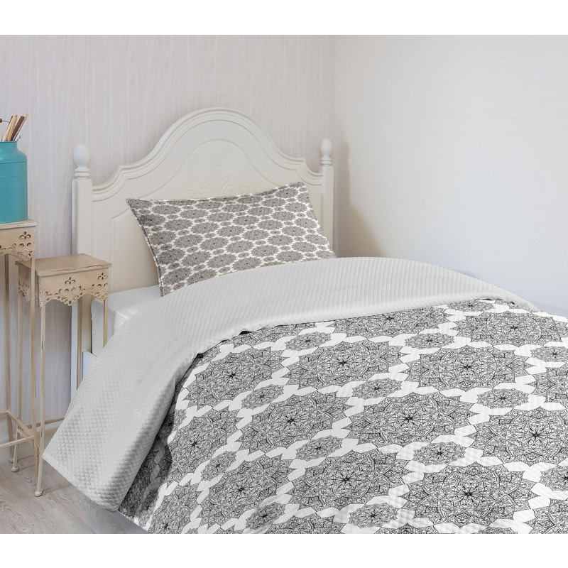 Monochrome Floral Ethnic Bedspread Set