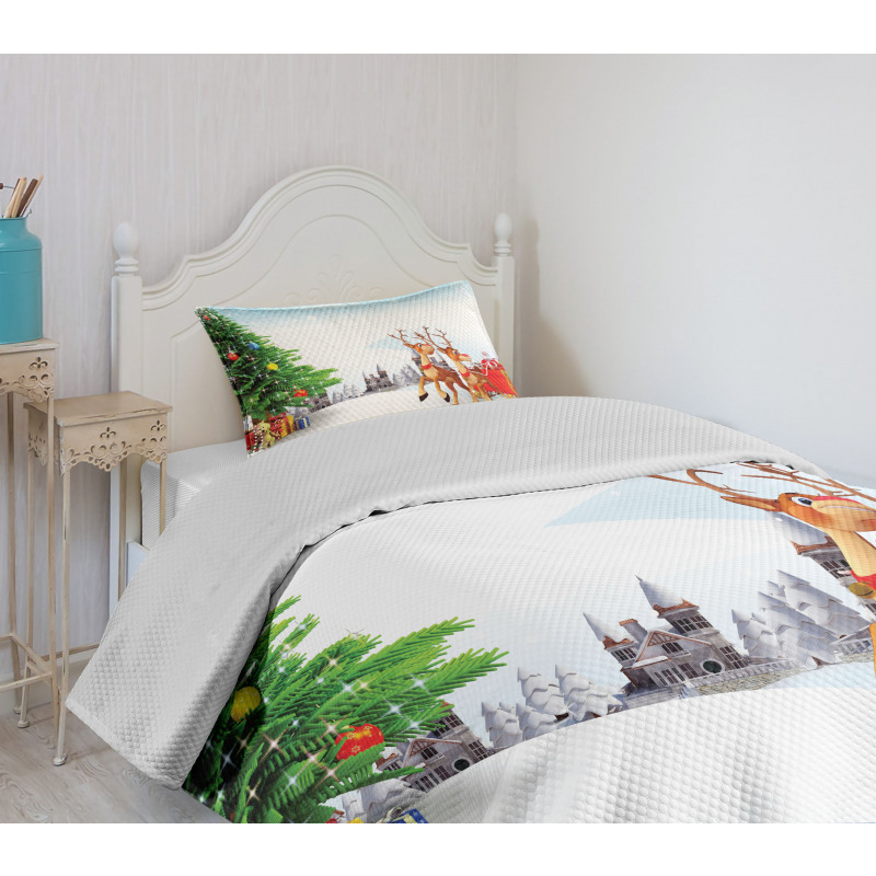 Snowy Village Sleigh Tree Bedspread Set