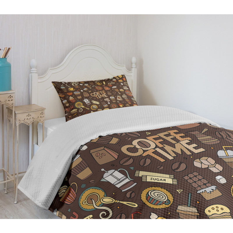 Hand Drawn Doodle Coffee Bedspread Set