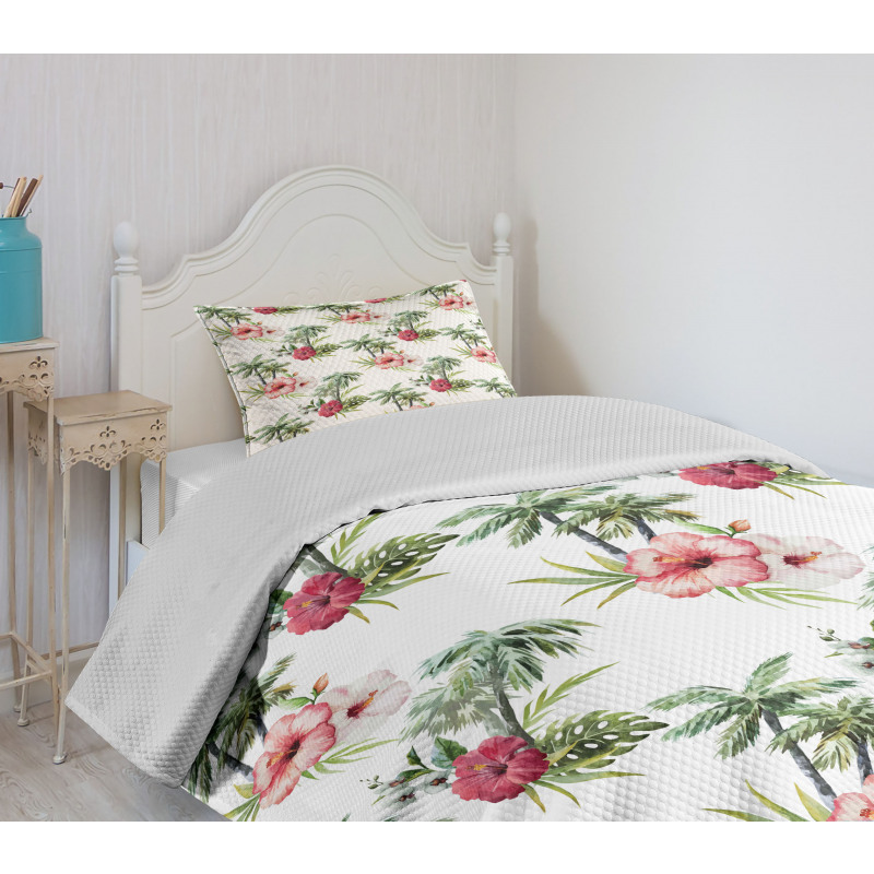 Palm Trees Hibiscus Bedspread Set