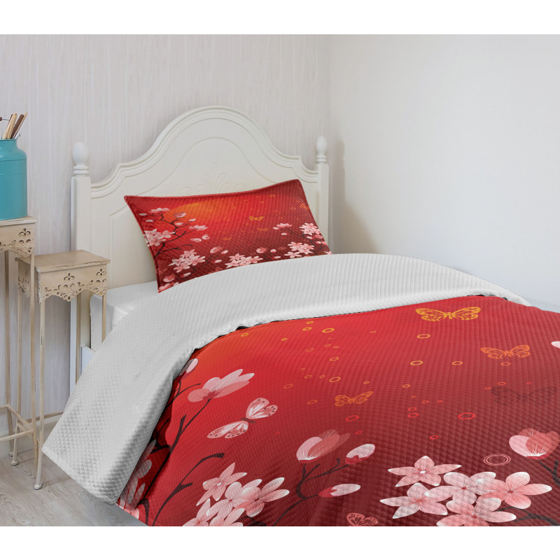 Abstract Sunset and Sakura Bedspread Set