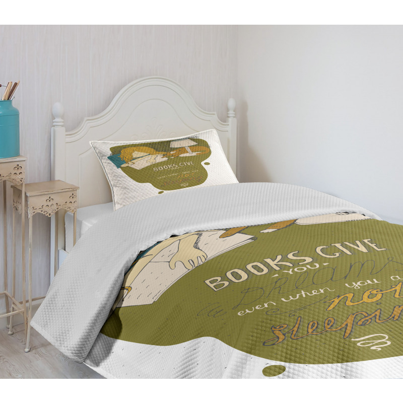 Girl and Cat Sleep on Book Bedspread Set