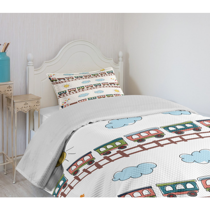 Cartoon Train Tracklines Bedspread Set