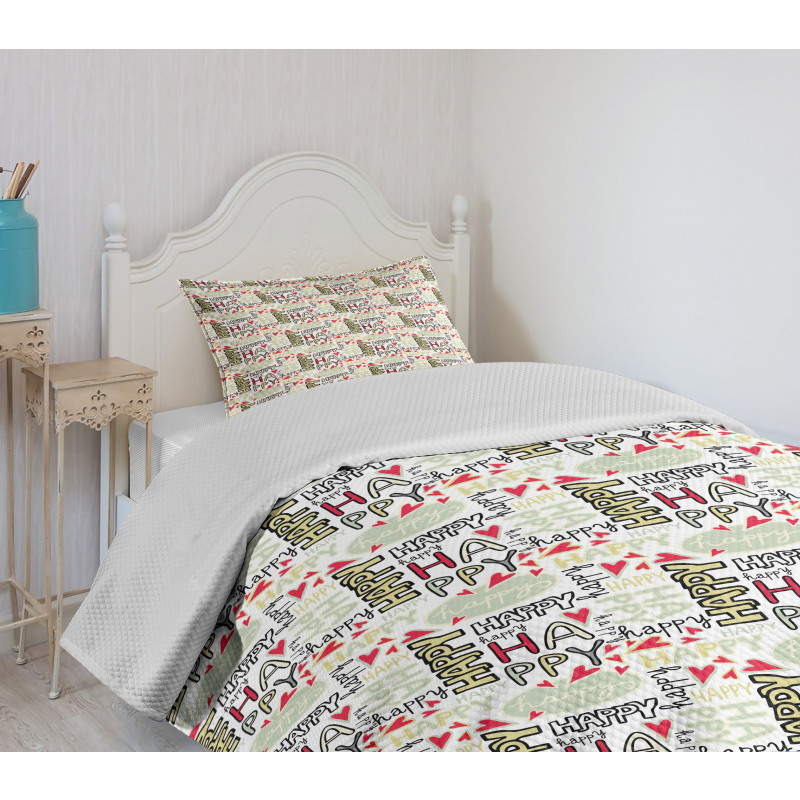 Happy Words with Hearts Bedspread Set