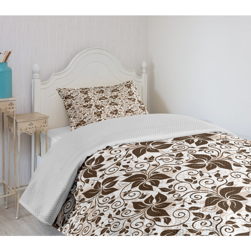 Brown Flower Leaves Bedspread Set