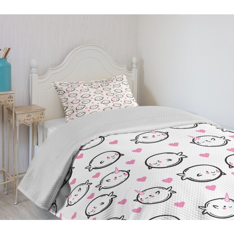 Doodle Style Whales Bedspread Set