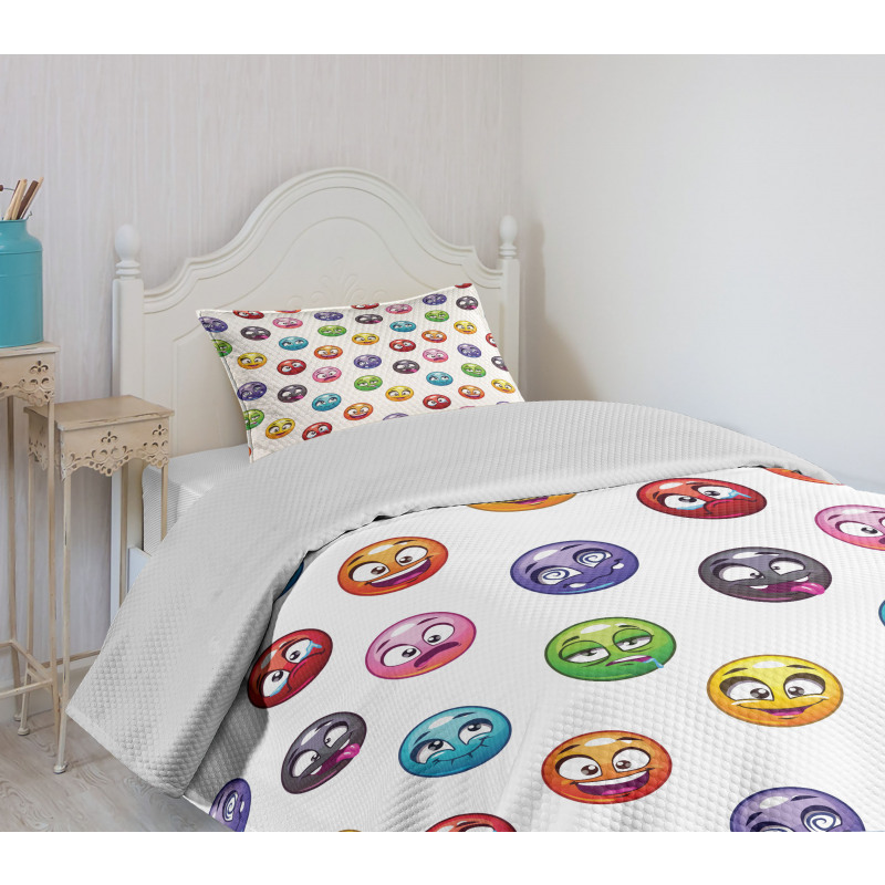 Different Cartoon Faces Bedspread Set