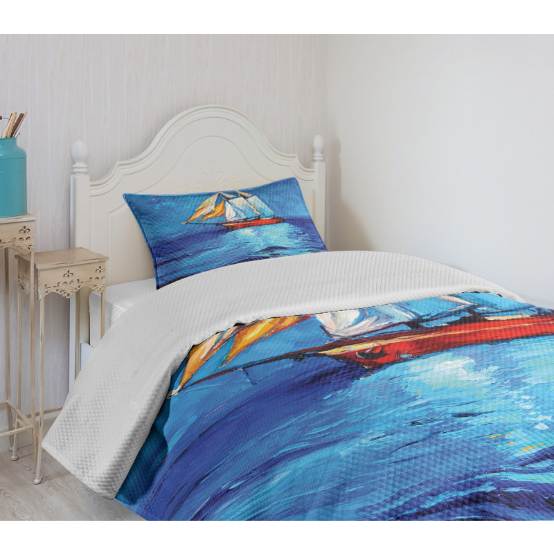 Oil Paint Style Sailship Bedspread Set